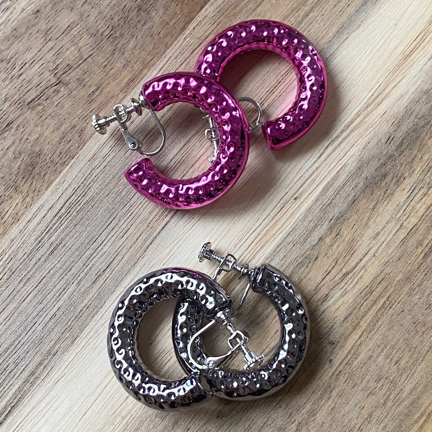 Metallic  clip on hoop earrings, colourful screwback hoop earrings