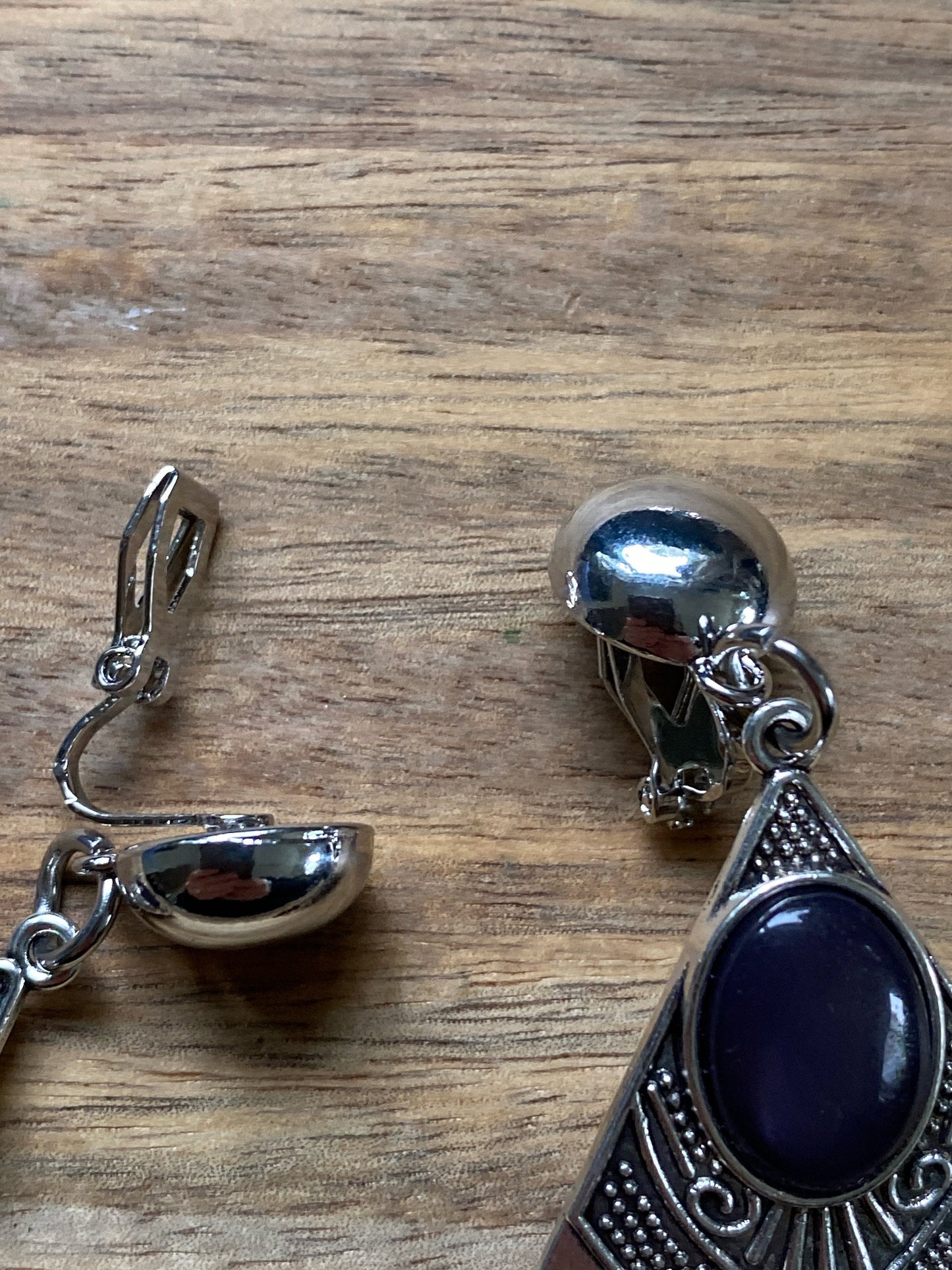 Dangling fringed silver and purple cabochon clip on earring, diamond shaped earrings, hinged screwback earrings