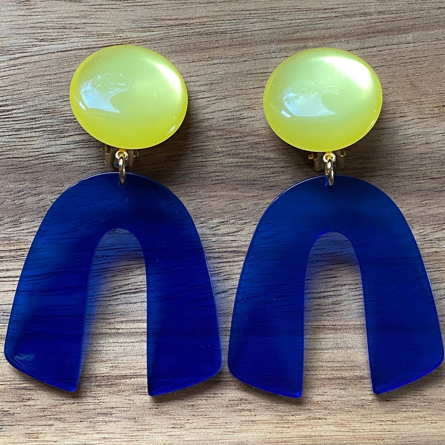 Dangling clip on colourful arch earrings, bright modern dangle earrings