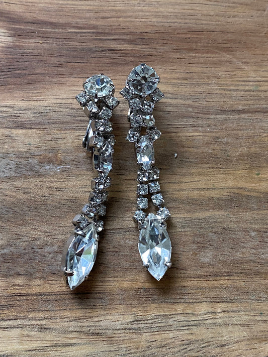 Dangling clear rhinestone clip on earrings