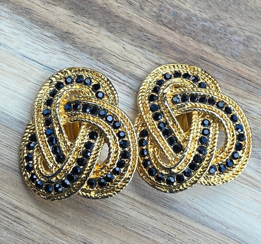 Black and gold queen sized rhinestone clip on earrings