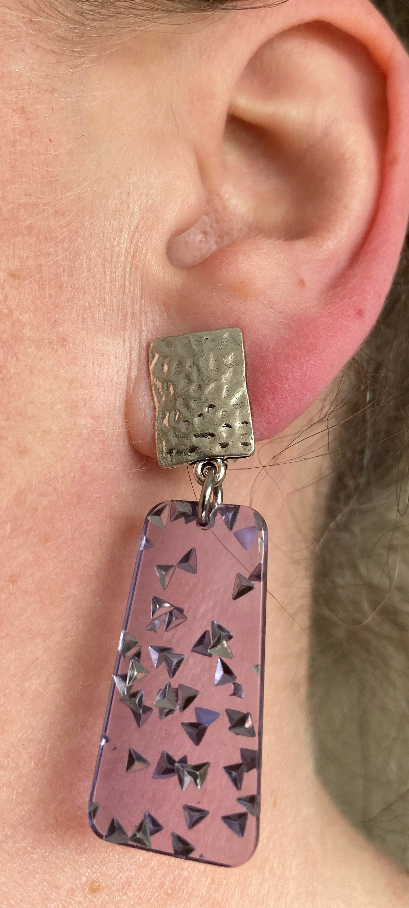 Gorgeous sparkle flake translucent trapezoid  dangling clip on earrings