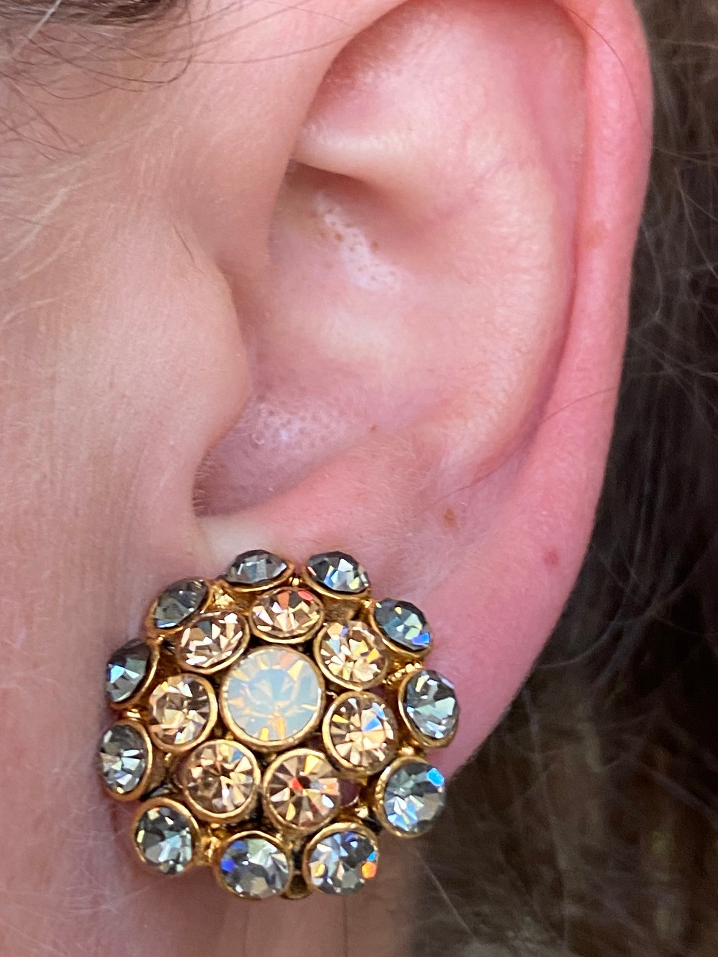 Vintage multicoloured rhinestone clip on earrings, autumn rhinestone ear clips