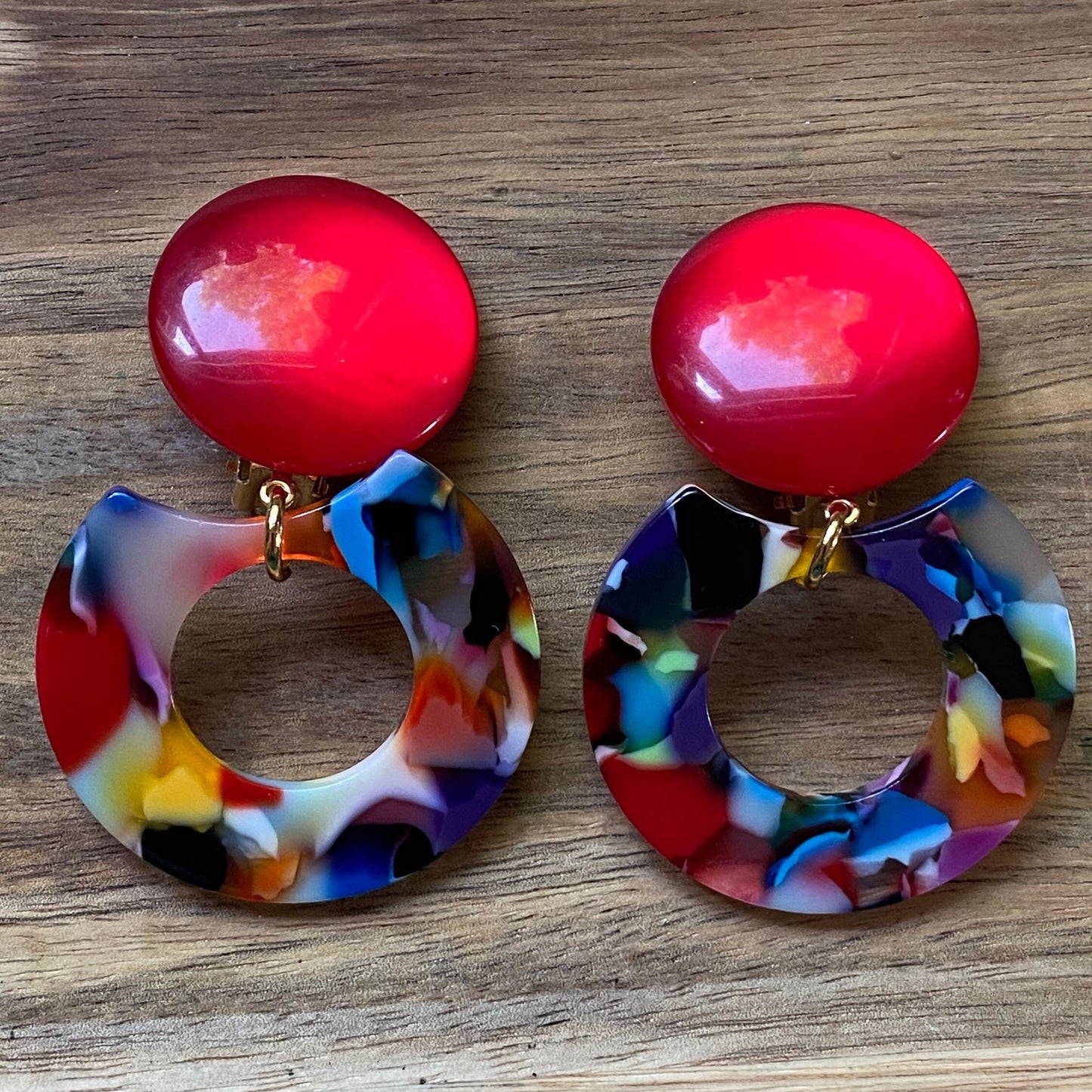 Dangling clip on rainbow tortoiseshell earrings, red and rainbow drop earrings.