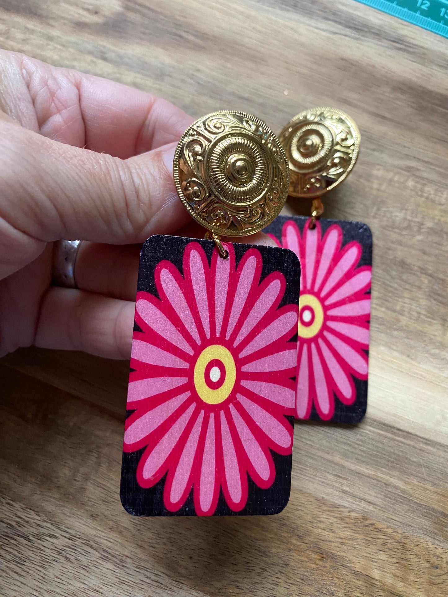 Dangling pink clip on earrings, wooden painted flower earrings