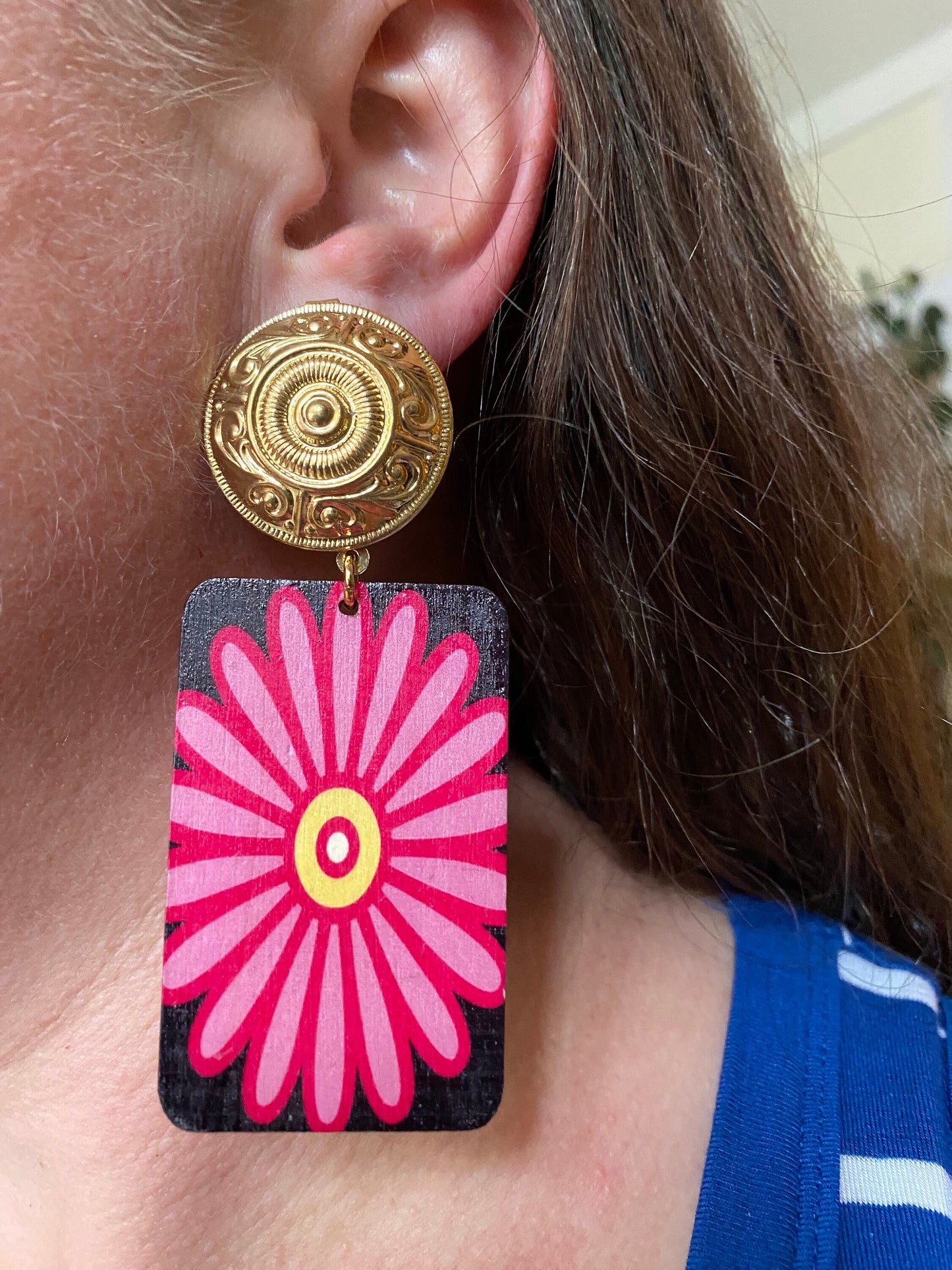 Dangling pink clip on earrings, wooden painted flower earrings