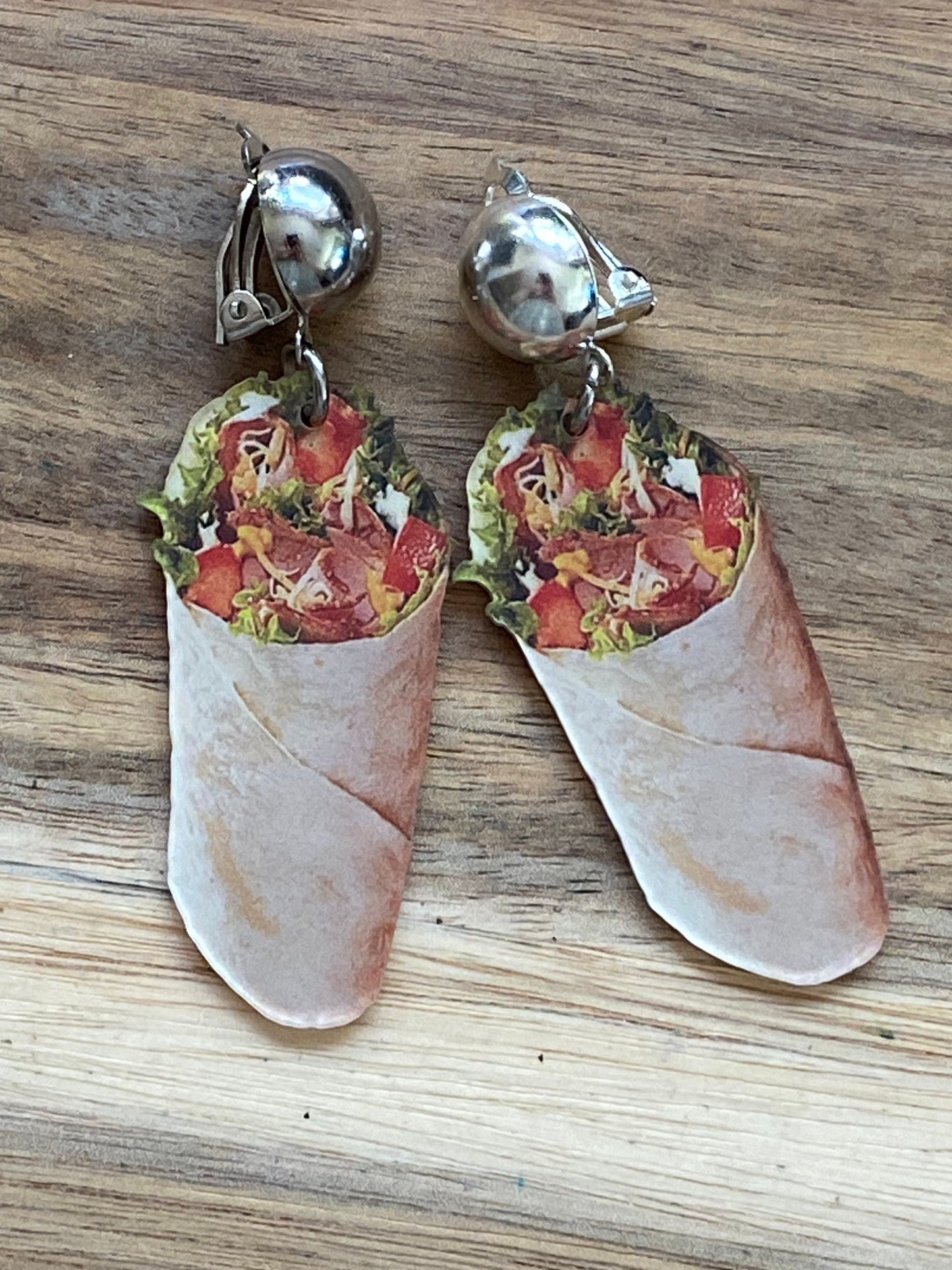 Dangling taco or burrito clip on earrings, nonpierce food novelty earrings