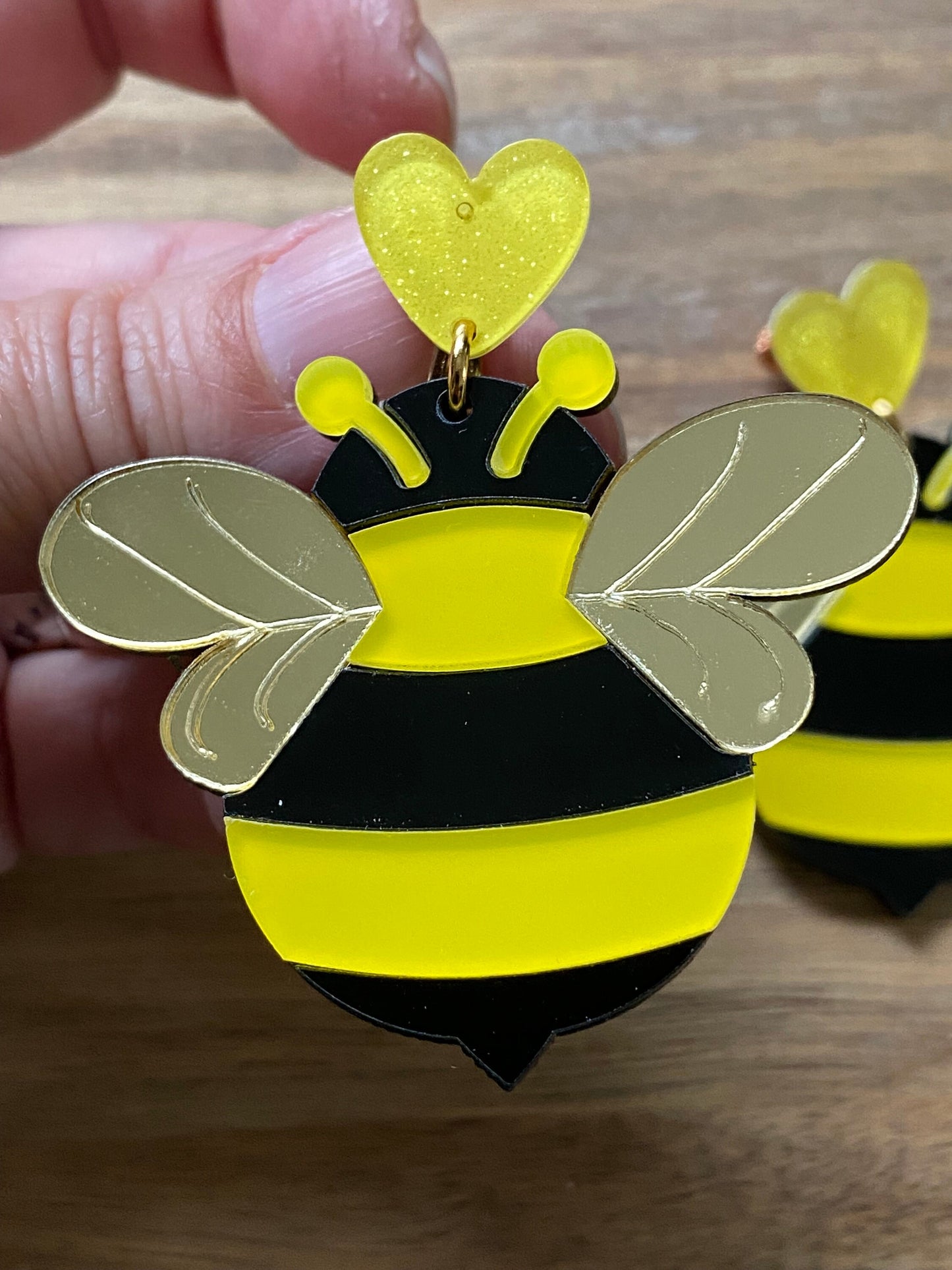 Giant Dangling mirrored screw on bumblebee earrings (hinged screw on closures) |clip on bee earrings