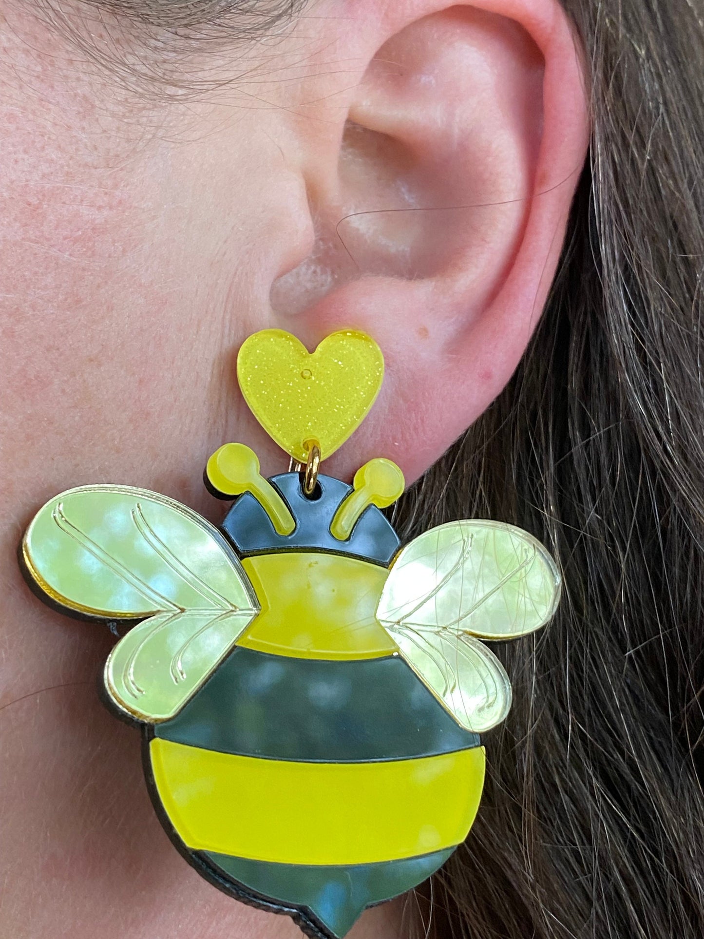 Giant Dangling mirrored screw on bumblebee earrings (hinged screw on closures) |clip on bee earrings