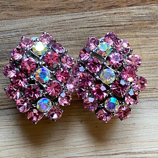 vintage pink iridescent cluster clip on earrings