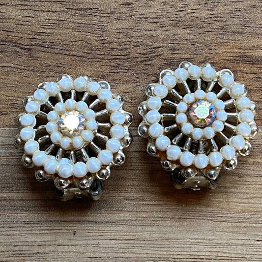 vintage rhinestone and faux pearl clip on earrings