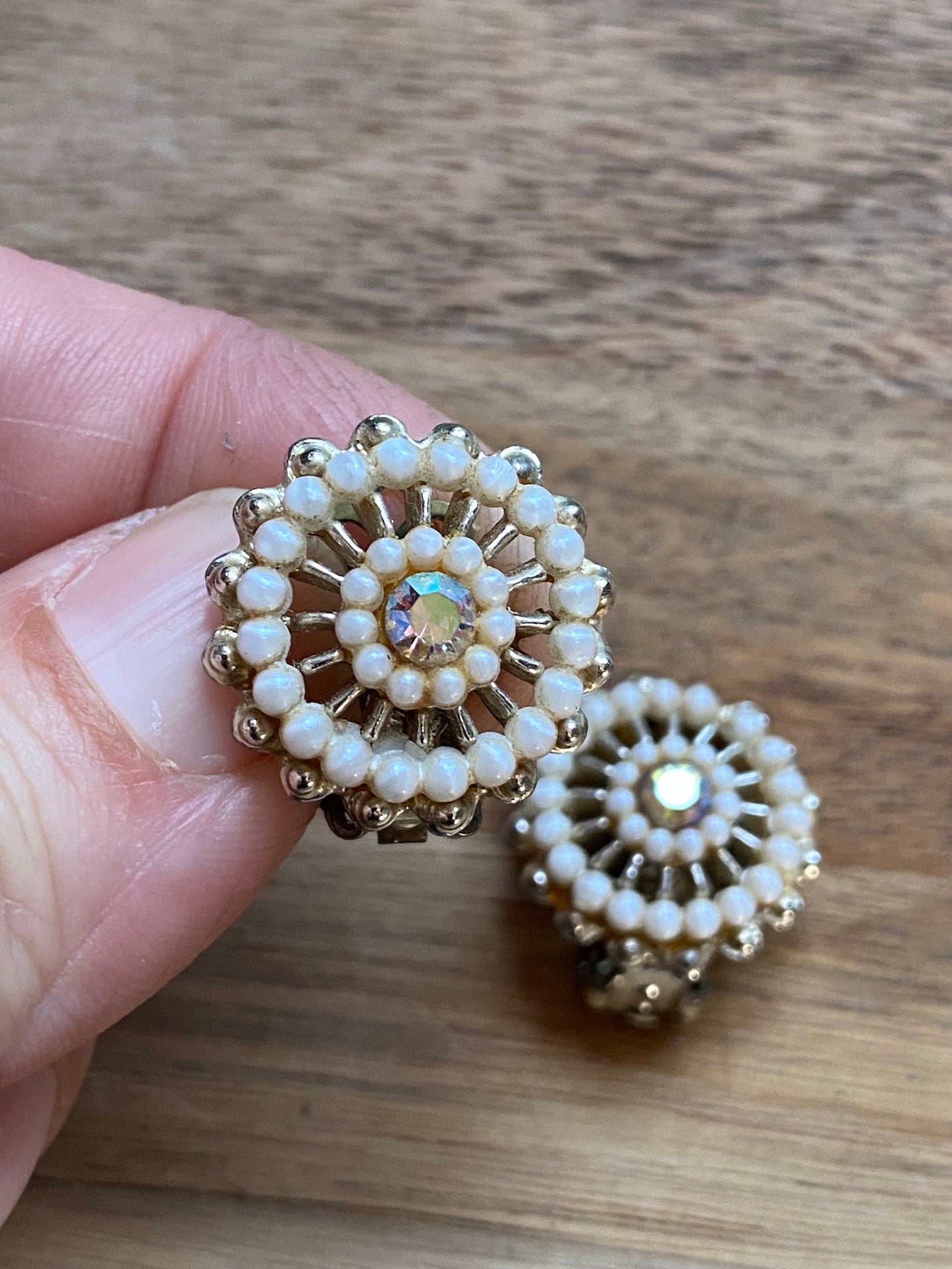 Vintage rhinestone and faux pearl clip on  earrings.