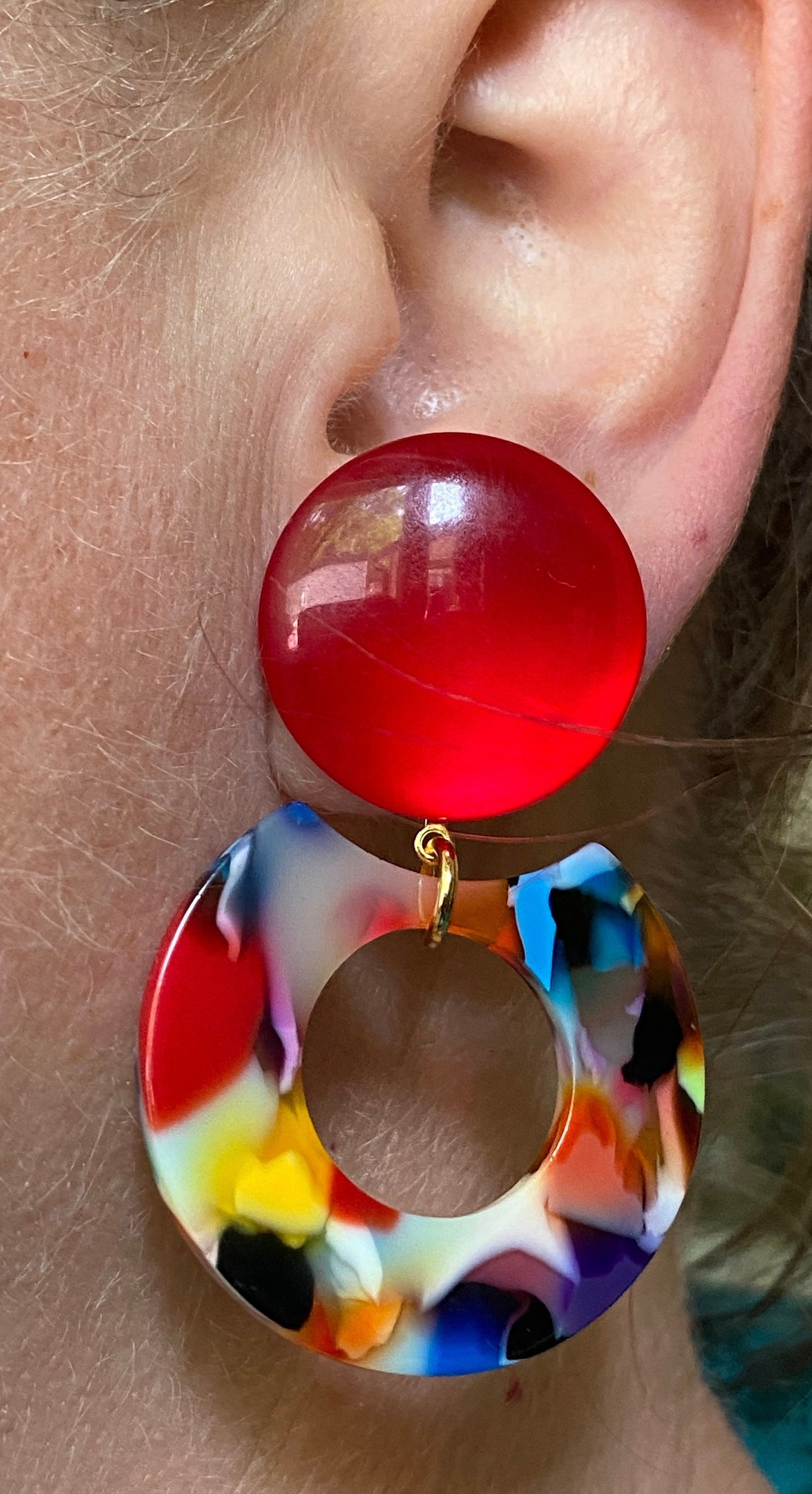 Dangling clip on rainbow tortoiseshell earrings, red and rainbow drop earrings.