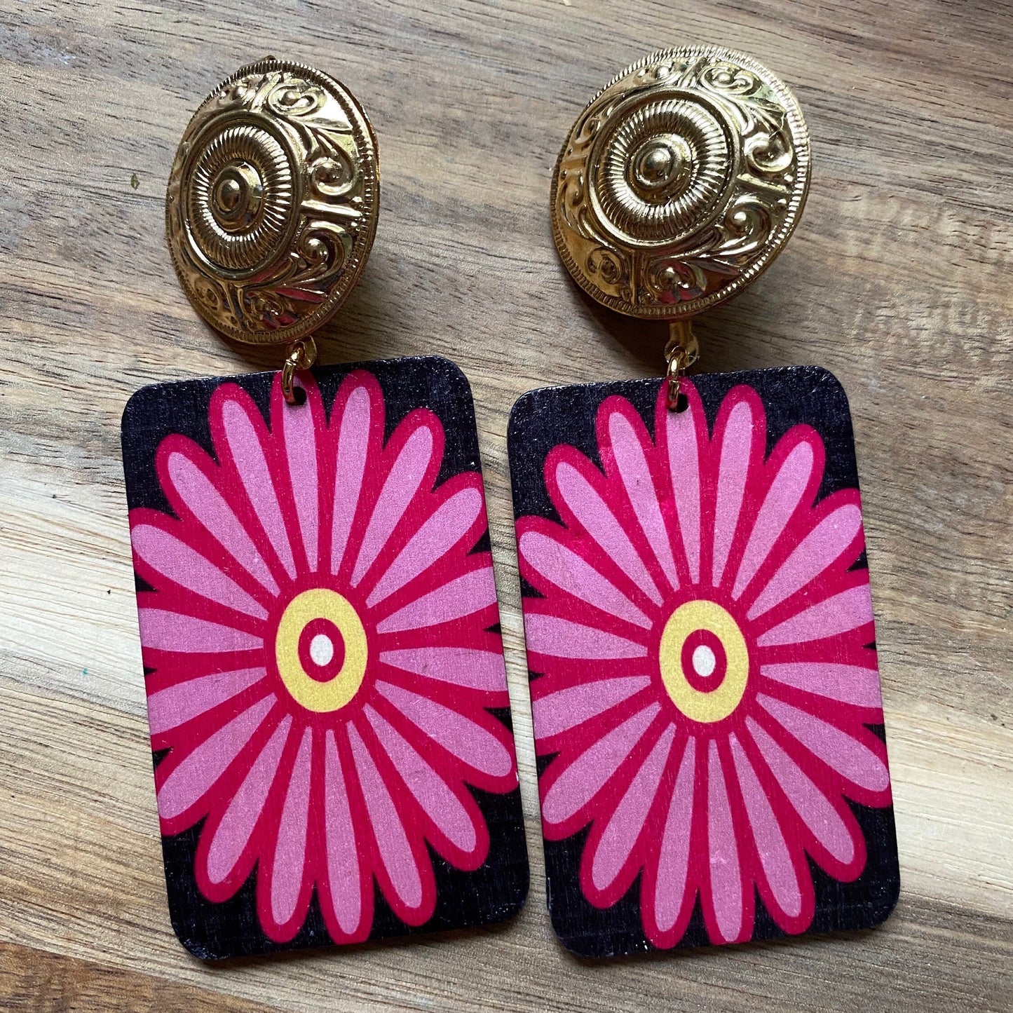 Dangling pink clip on earrings, wooden painted flower earrings