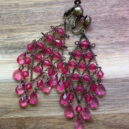 dangling pink beaded clip on earrings