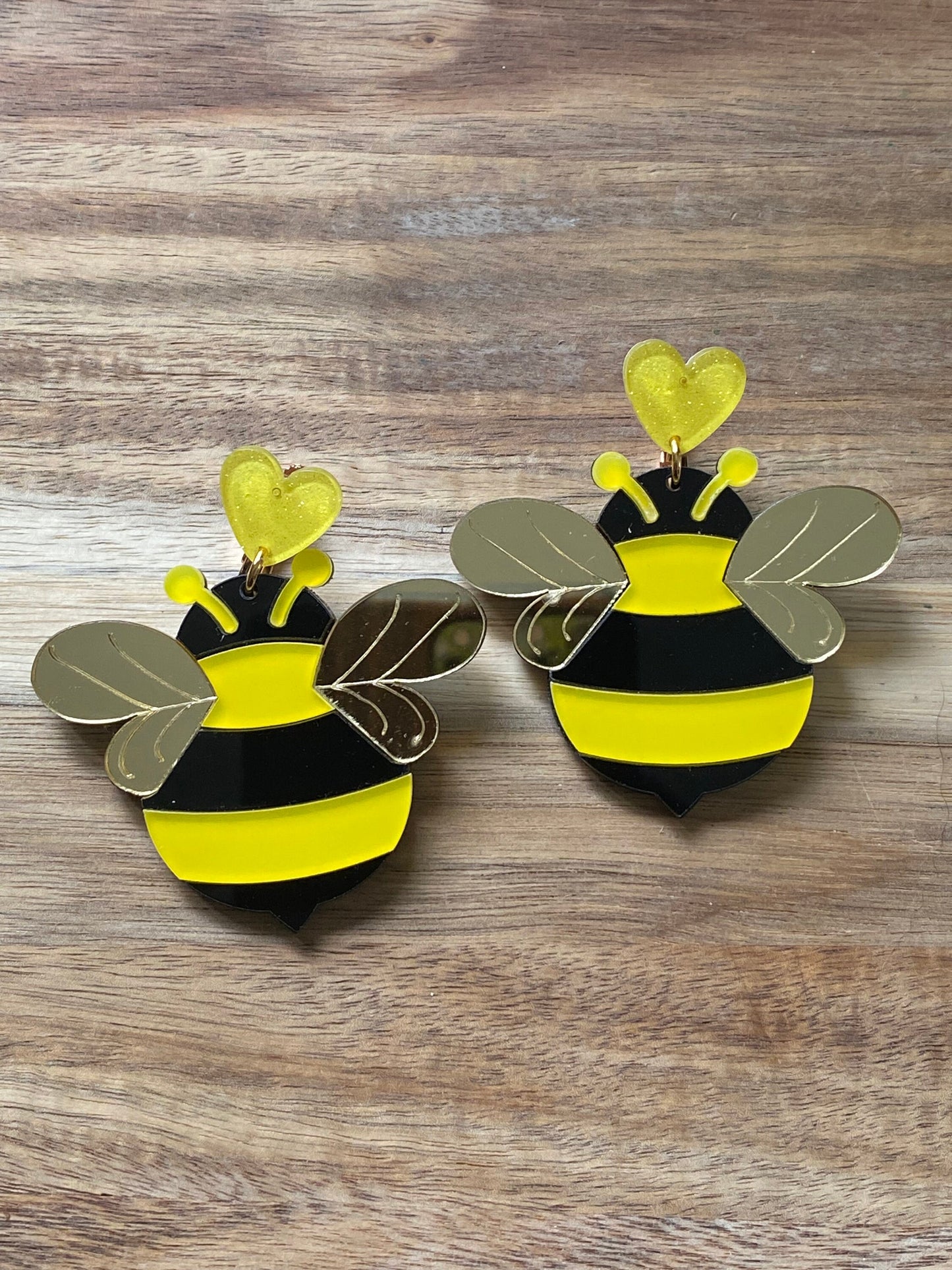 Giant Dangling mirrored screw on bumblebee earrings (hinged screw on closures) |clip on bee earrings