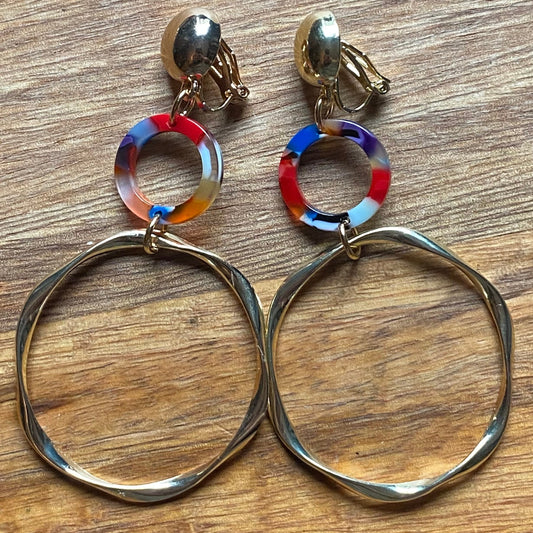 Dangling clip on rainbow hoop earrings, dangling  hoops