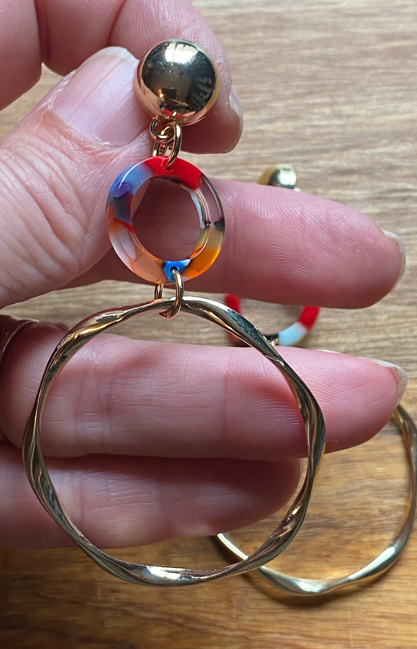 Dangling clip on rainbow hoop earrings, dangling  hoops