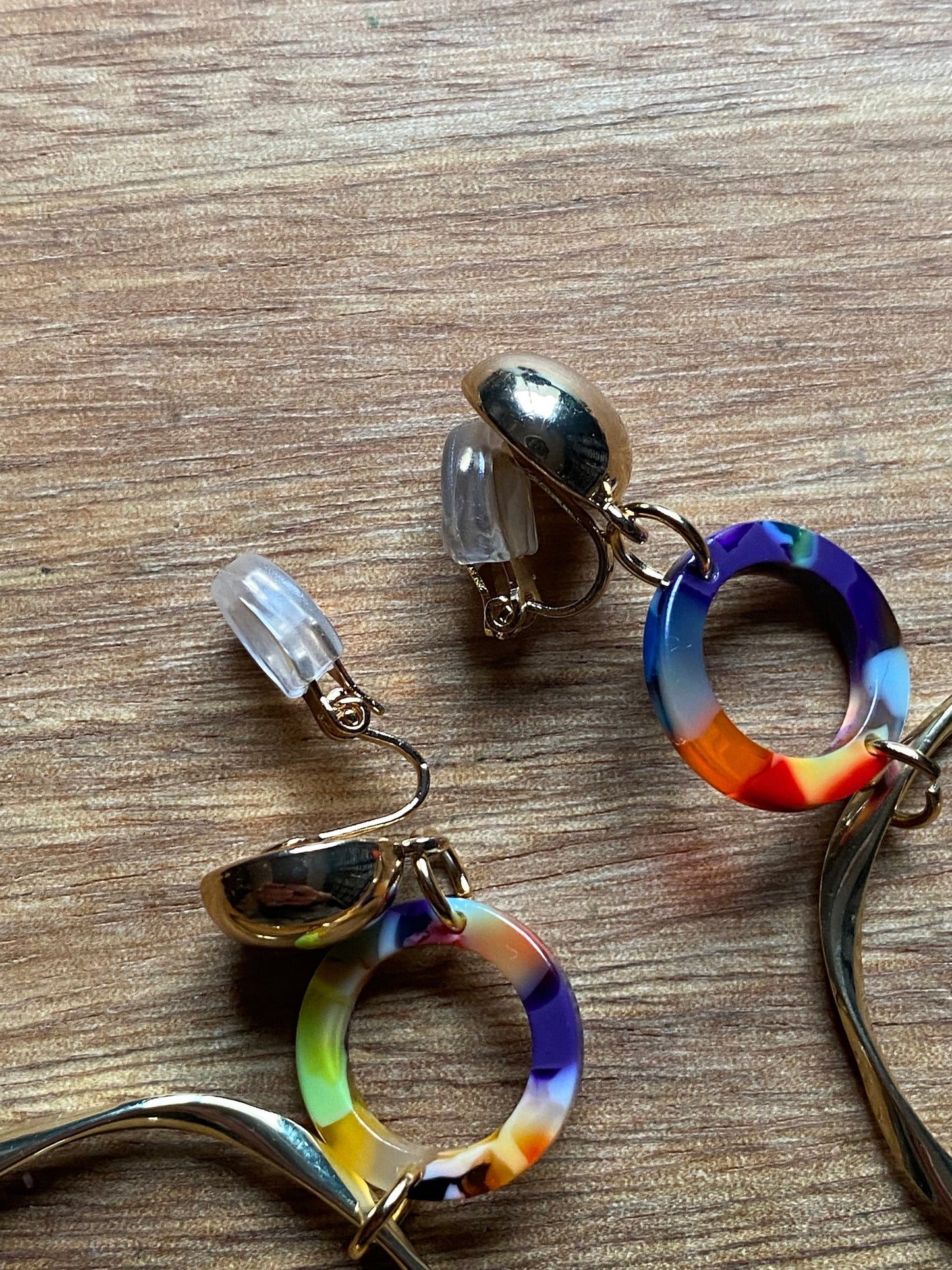 Dangling clip on rainbow hoop earrings, dangling  hoops