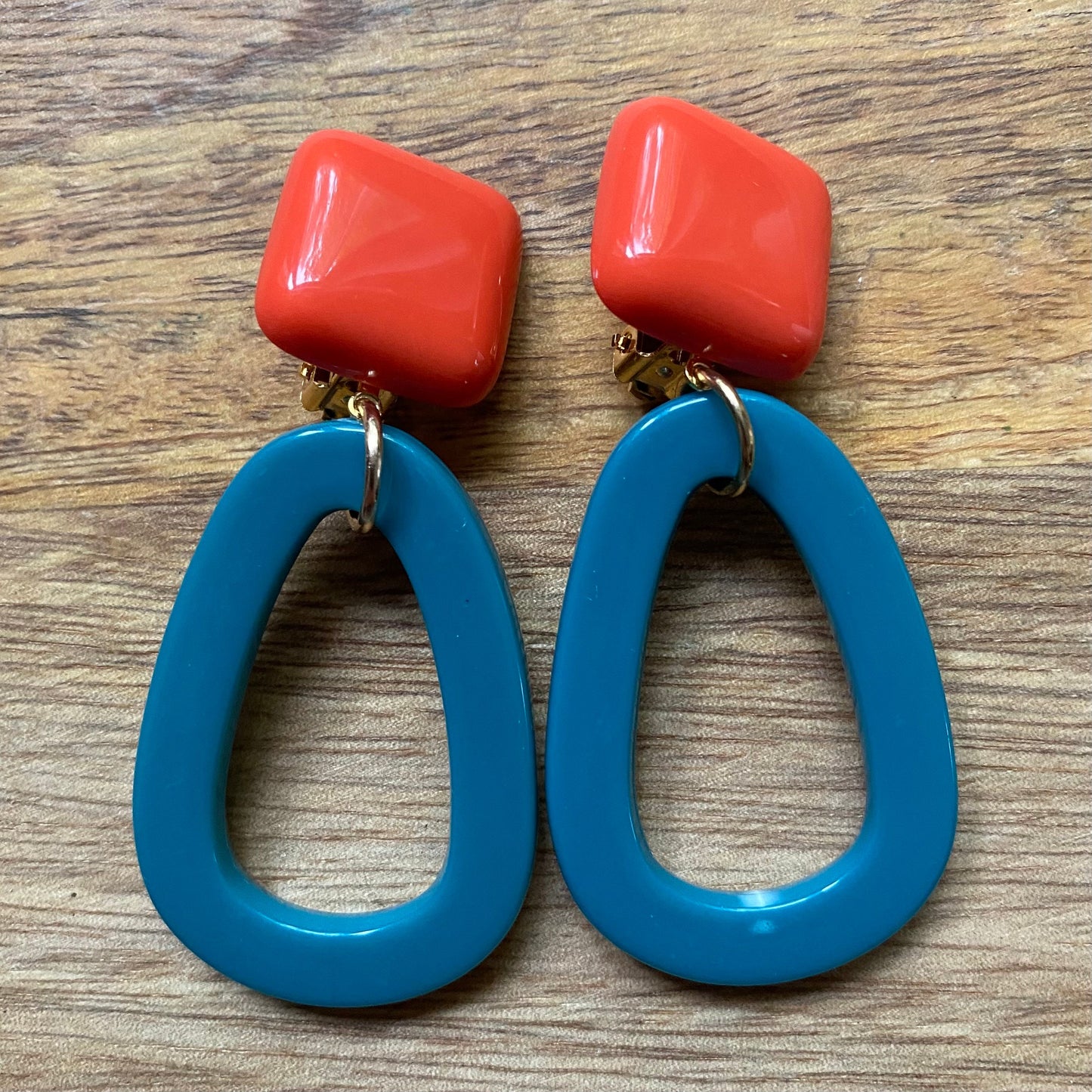 Vibrant clip on Dangling Plastic hoop earrings, dangling simple ear clips