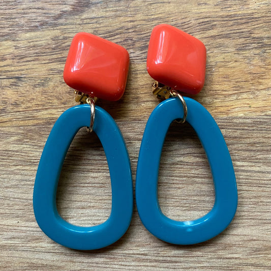 Vibrant clip on Dangling Plastic hoop earrings, dangling simple ear clips