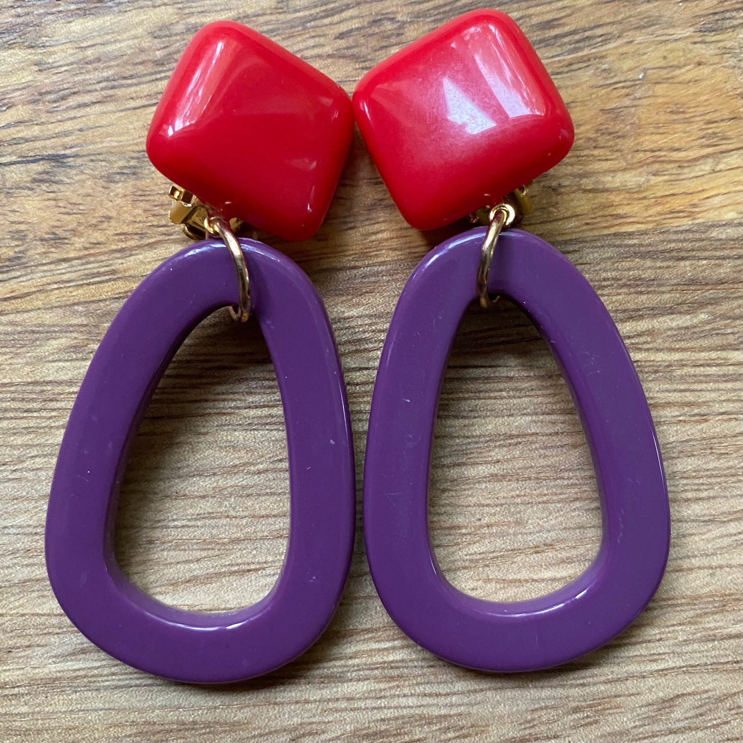 Vibrant clip on Dangling Plastic hoop earrings, dangling simple ear clips