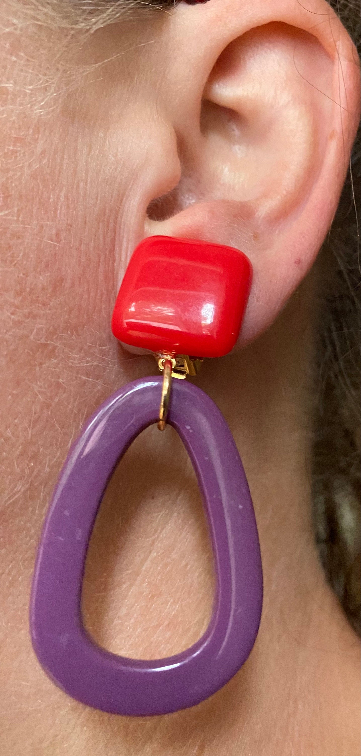 Vibrant clip on Dangling Plastic hoop earrings, dangling simple ear clips