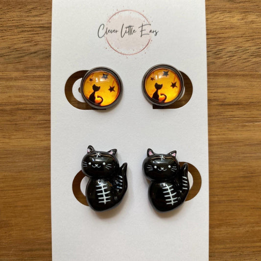 Halloween Clip on earrings gift set, black cat  earrings, cat silhouette earrings, gifts for girls, gifts under 20