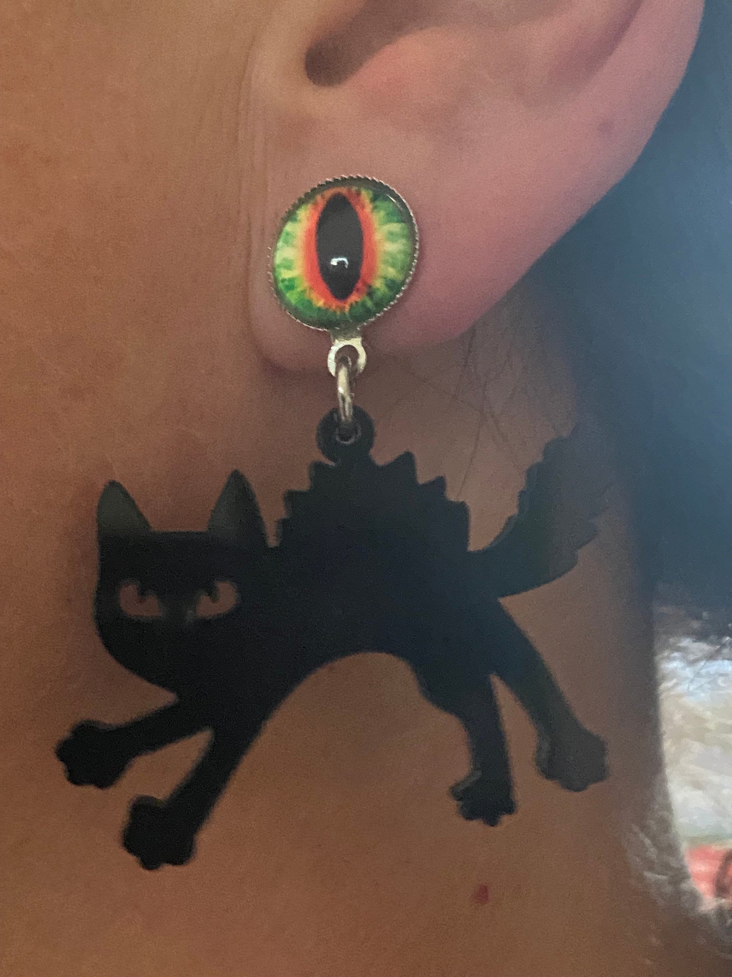 Dangling clip on cat eye black cat Halloween earrings