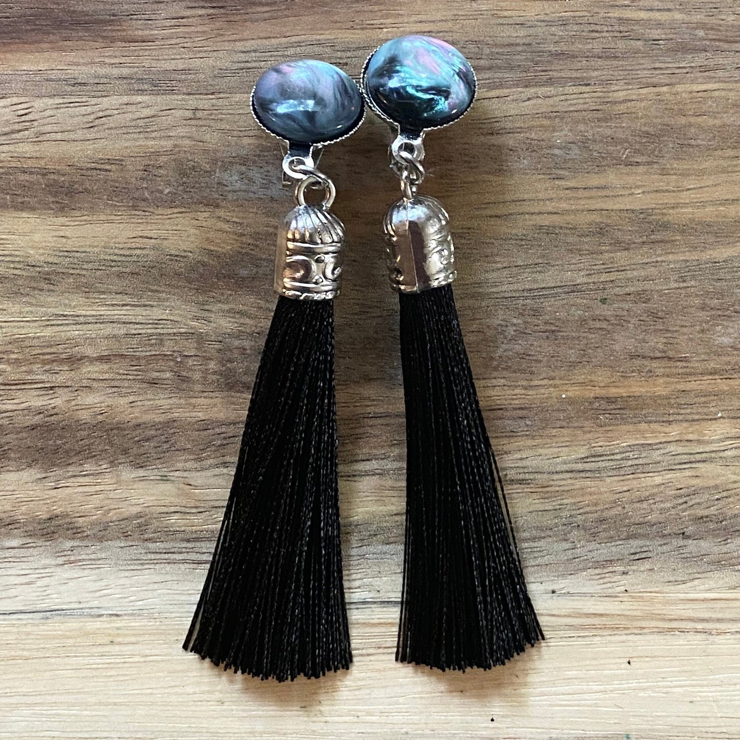 Clip on abalone and silk tassel earrings, gothic ear clips