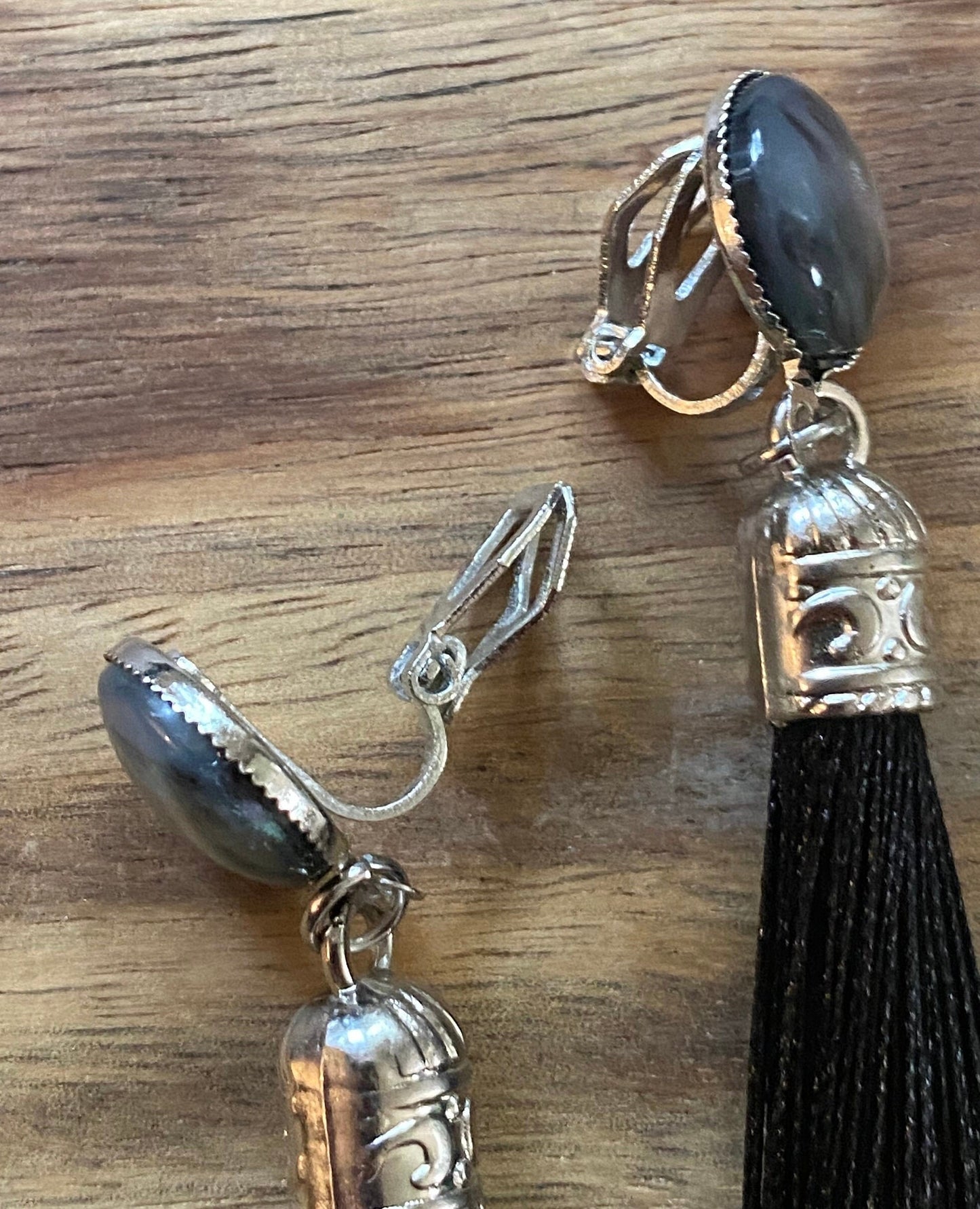 Clip on abalone and silk tassel earrings, gothic ear clips