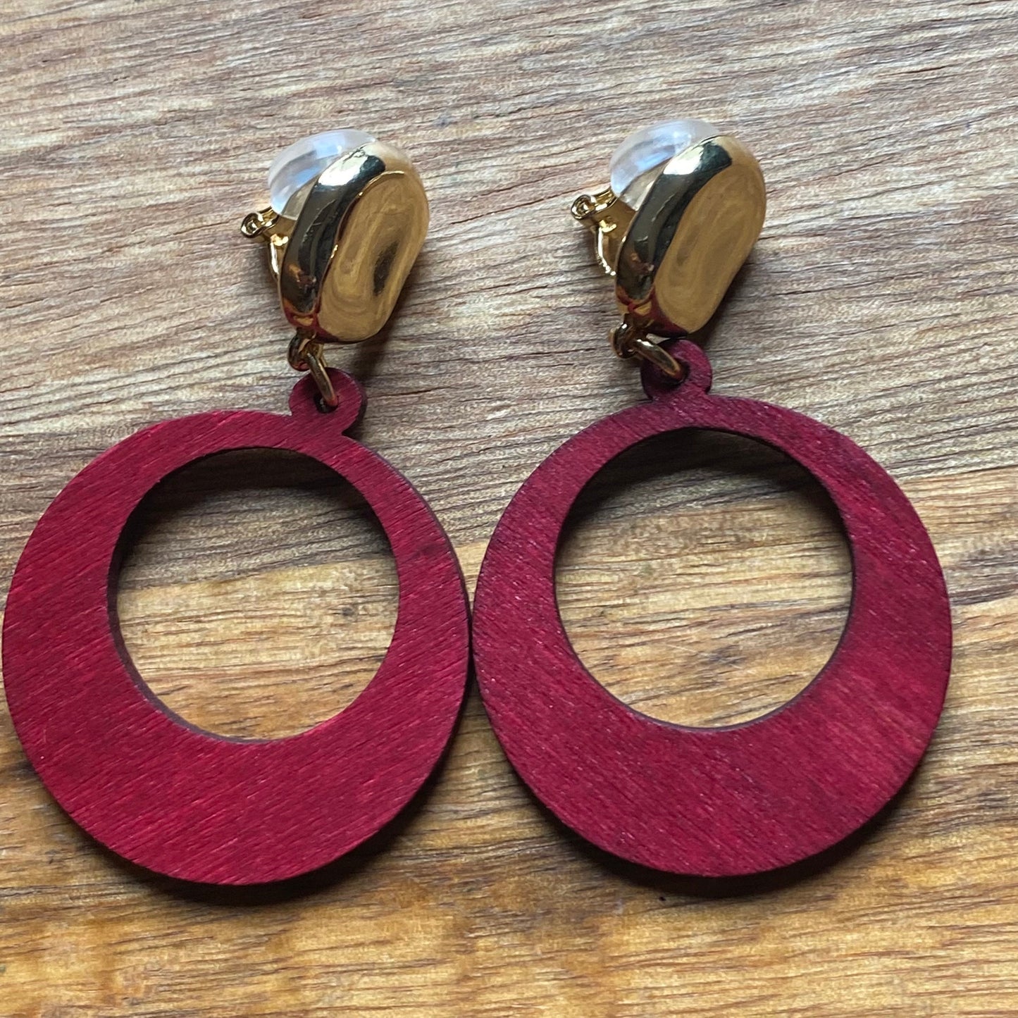 Dangling colourful wooden hoop clip on earrings, dangling simple wooden ear clips