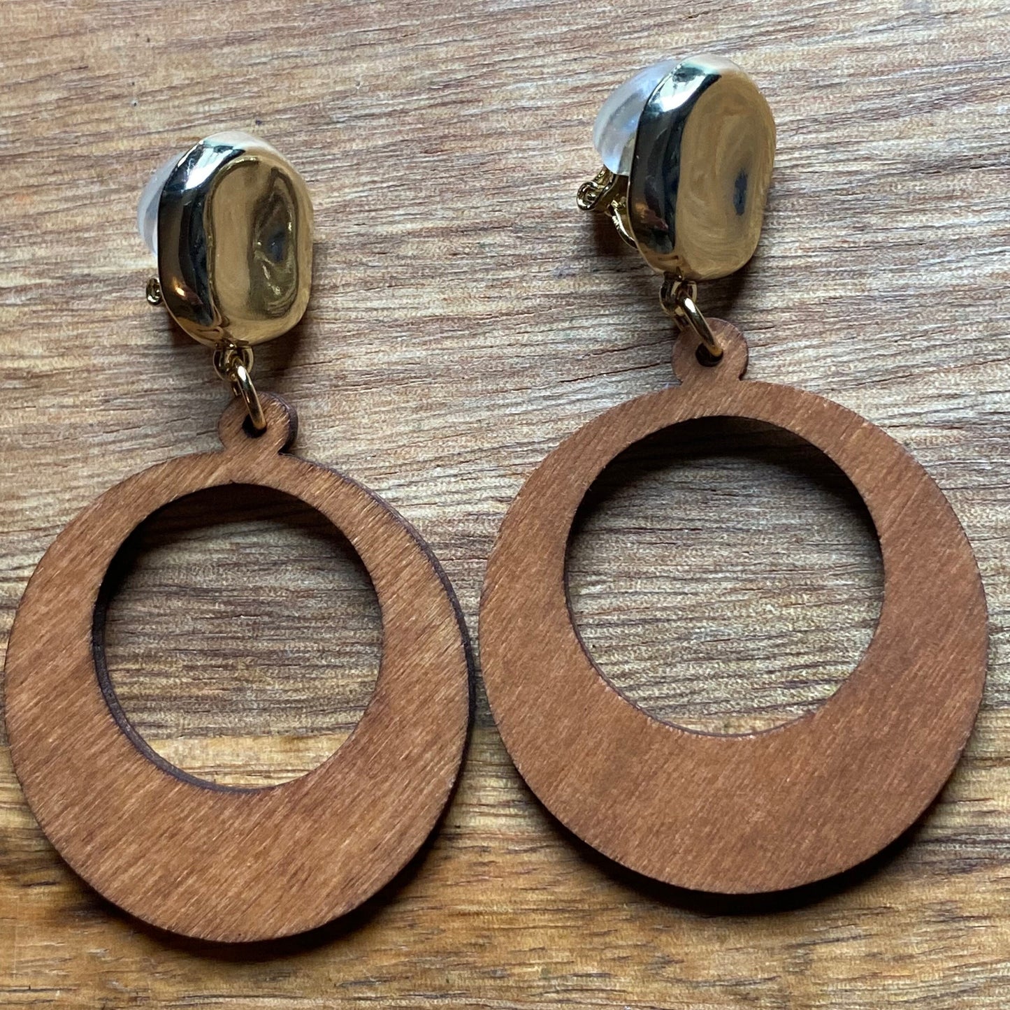 Dangling colourful wooden hoop clip on earrings, dangling simple wooden ear clips