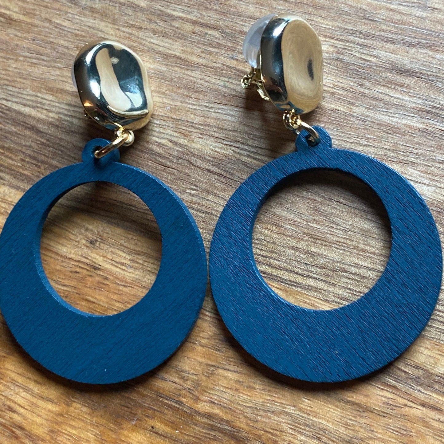 Dangling colourful wooden hoop clip on earrings, dangling simple wooden ear clips