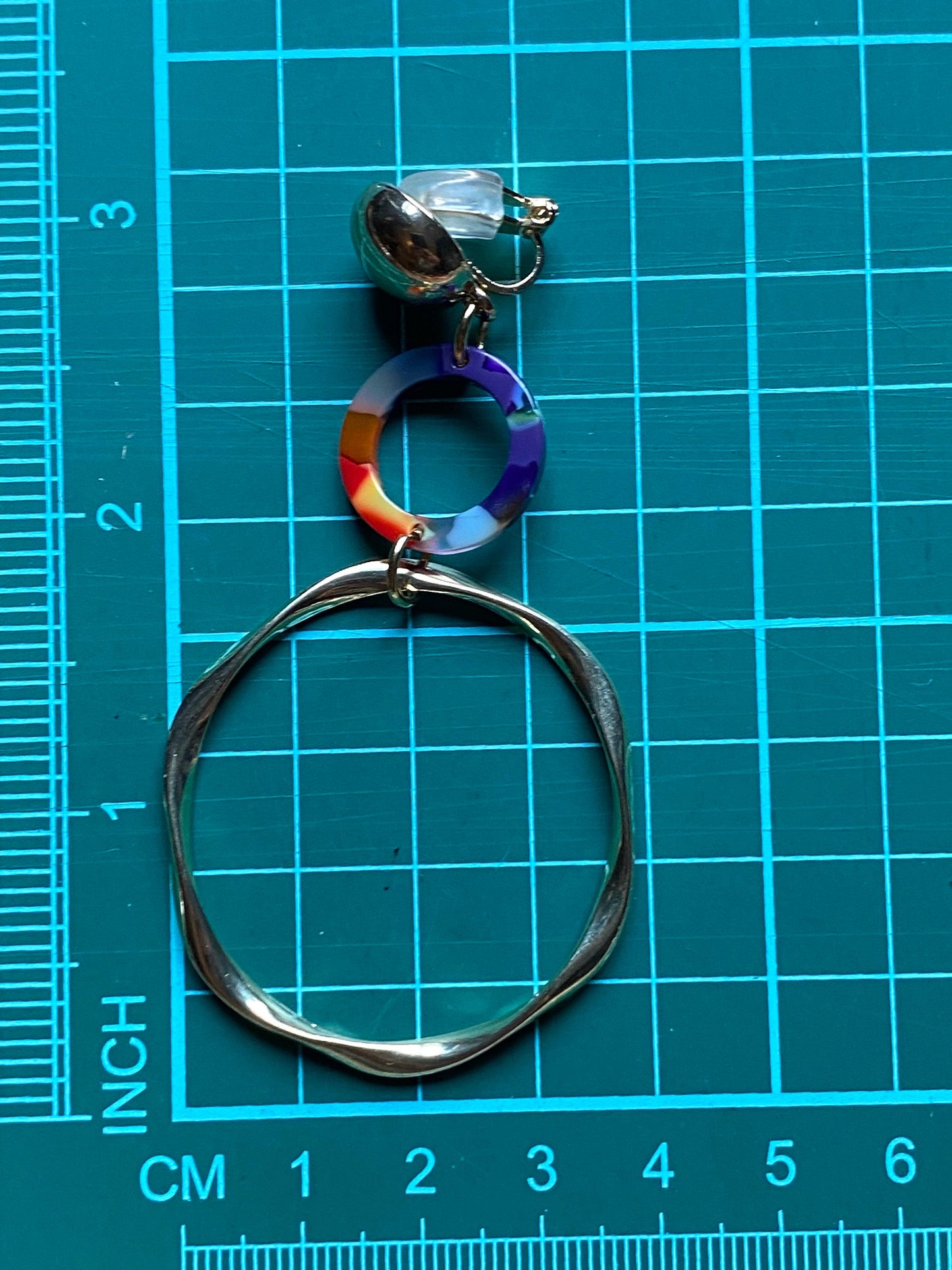 Dangling clip on rainbow hoop earrings, dangling  hoops