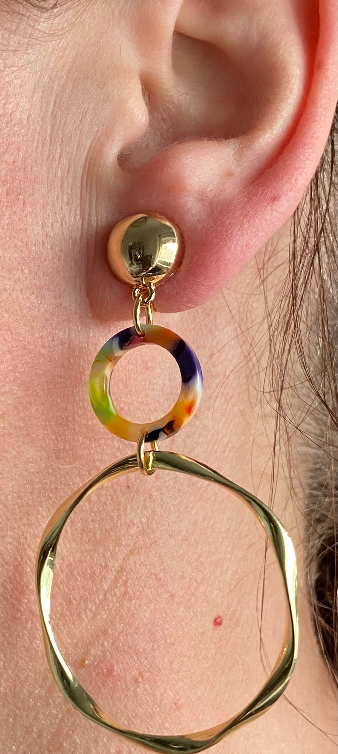 Dangling clip on rainbow hoop earrings, dangling  hoops