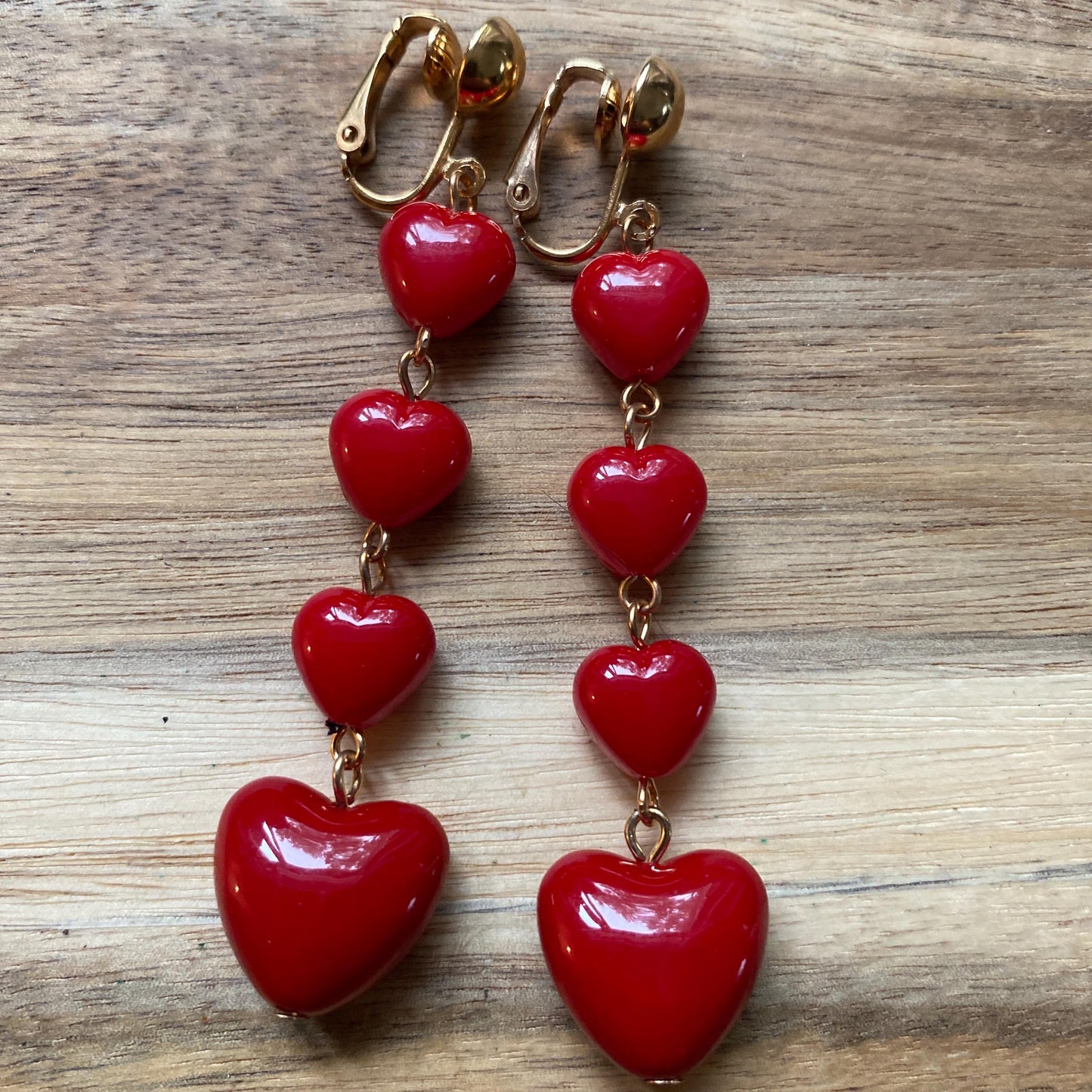 Dangling clip on dangling heart earrings, valentines earrings, love ear clips