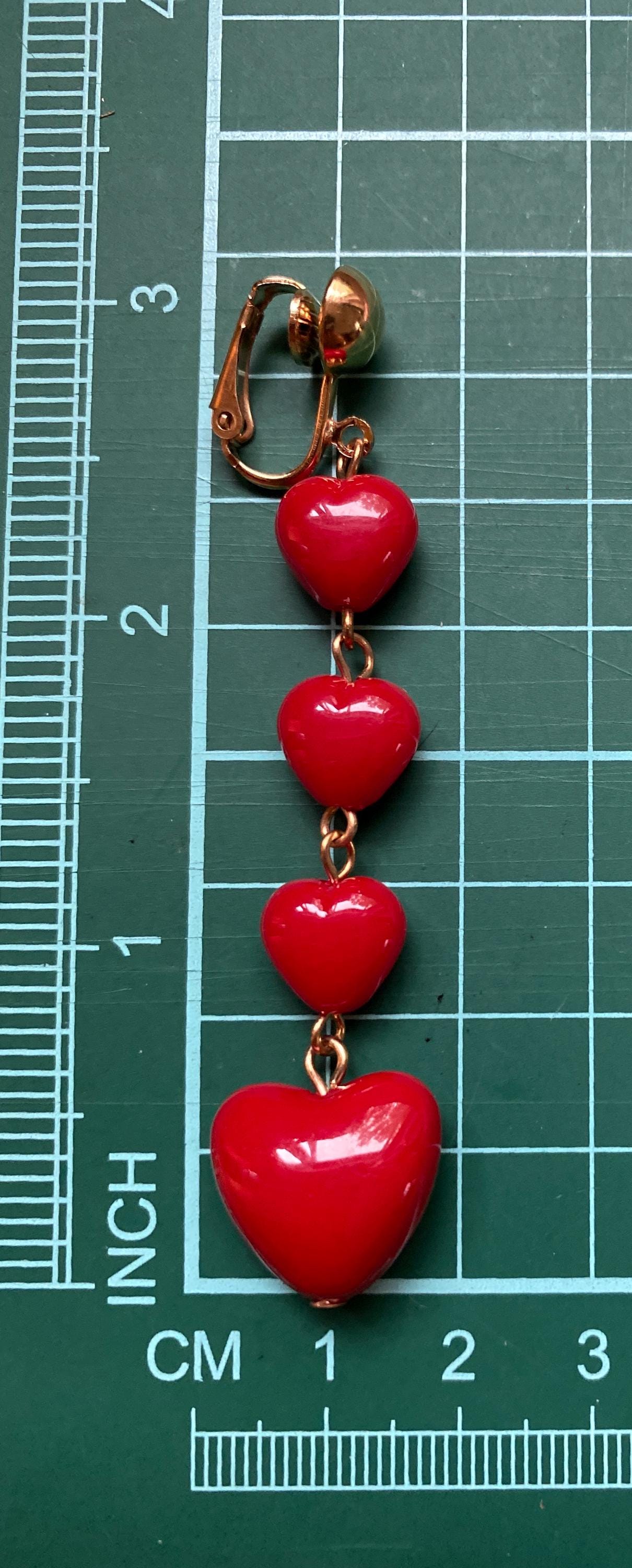 Dangling clip on dangling heart earrings, valentines earrings, love ear clips