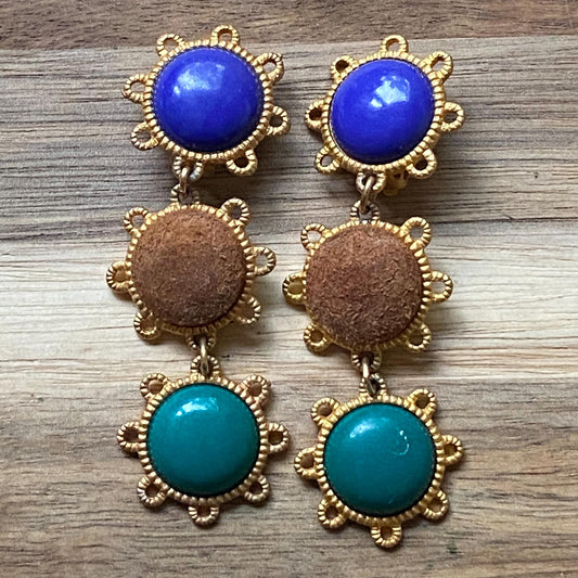 Dangling colourful medallion clip on earrings (no pierce)