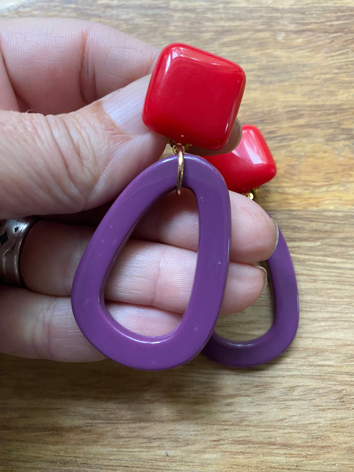 Vibrant clip on Dangling Plastic hoop earrings, dangling simple ear clips