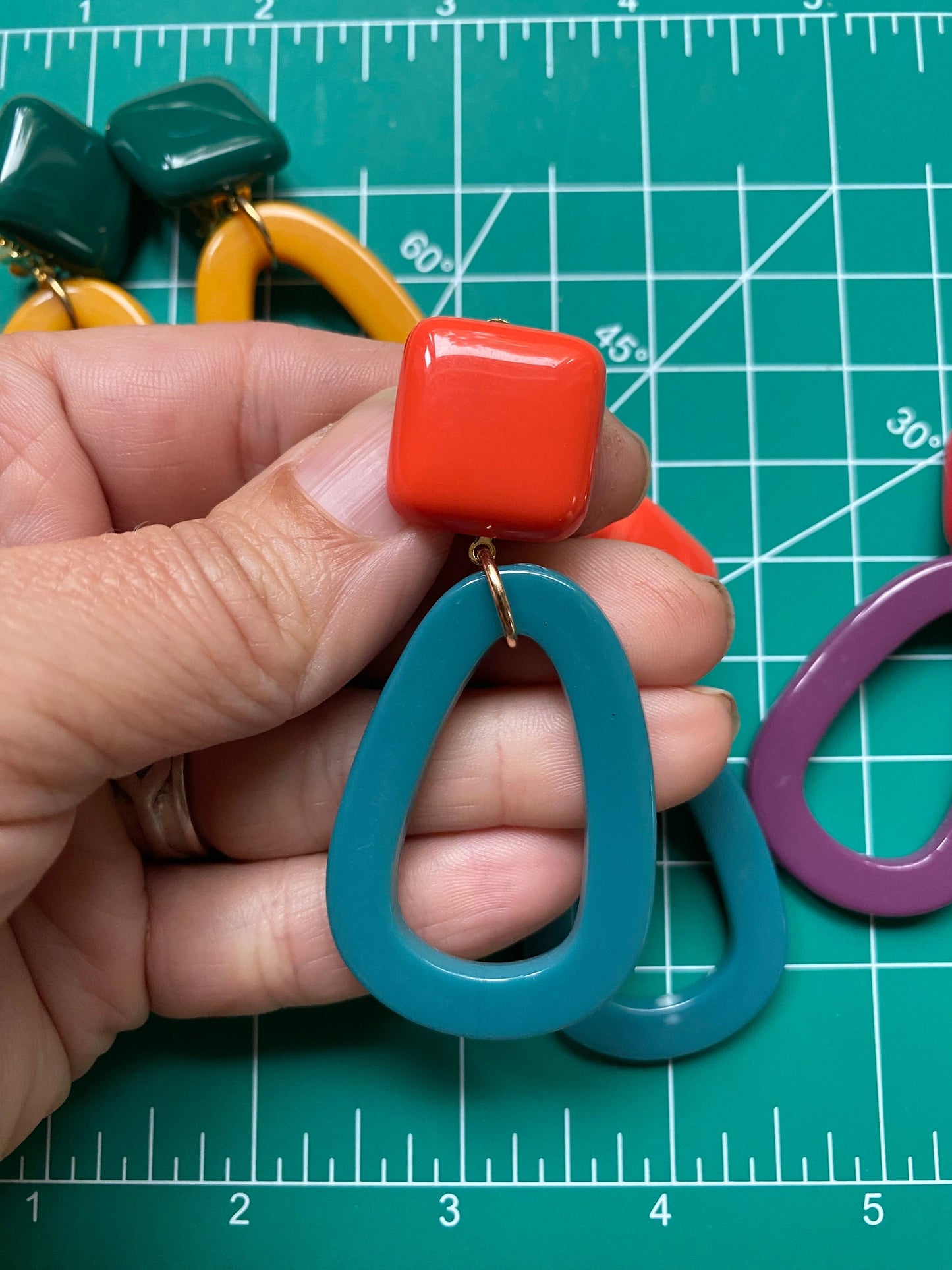 Vibrant clip on Dangling Plastic hoop earrings, dangling simple ear clips