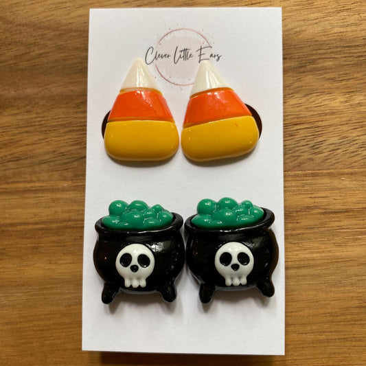 Halloween Clip on earrings gift set, cauldron earrings, candy corn earrings, gifts for girls, gifts under 20