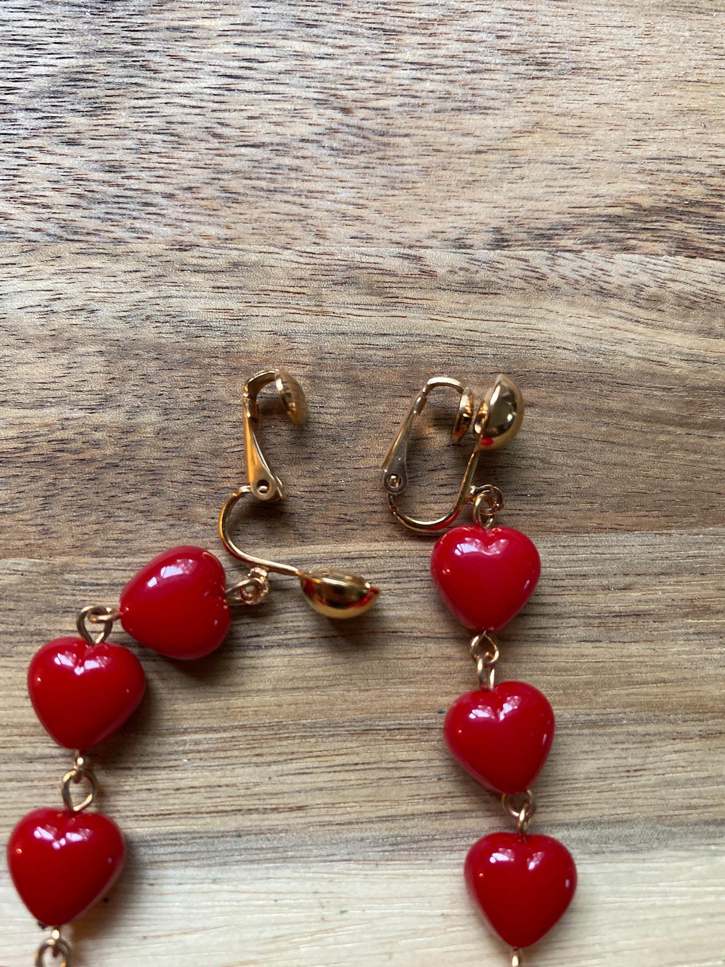 Dangling clip on dangling heart earrings, valentines earrings, love ear clips