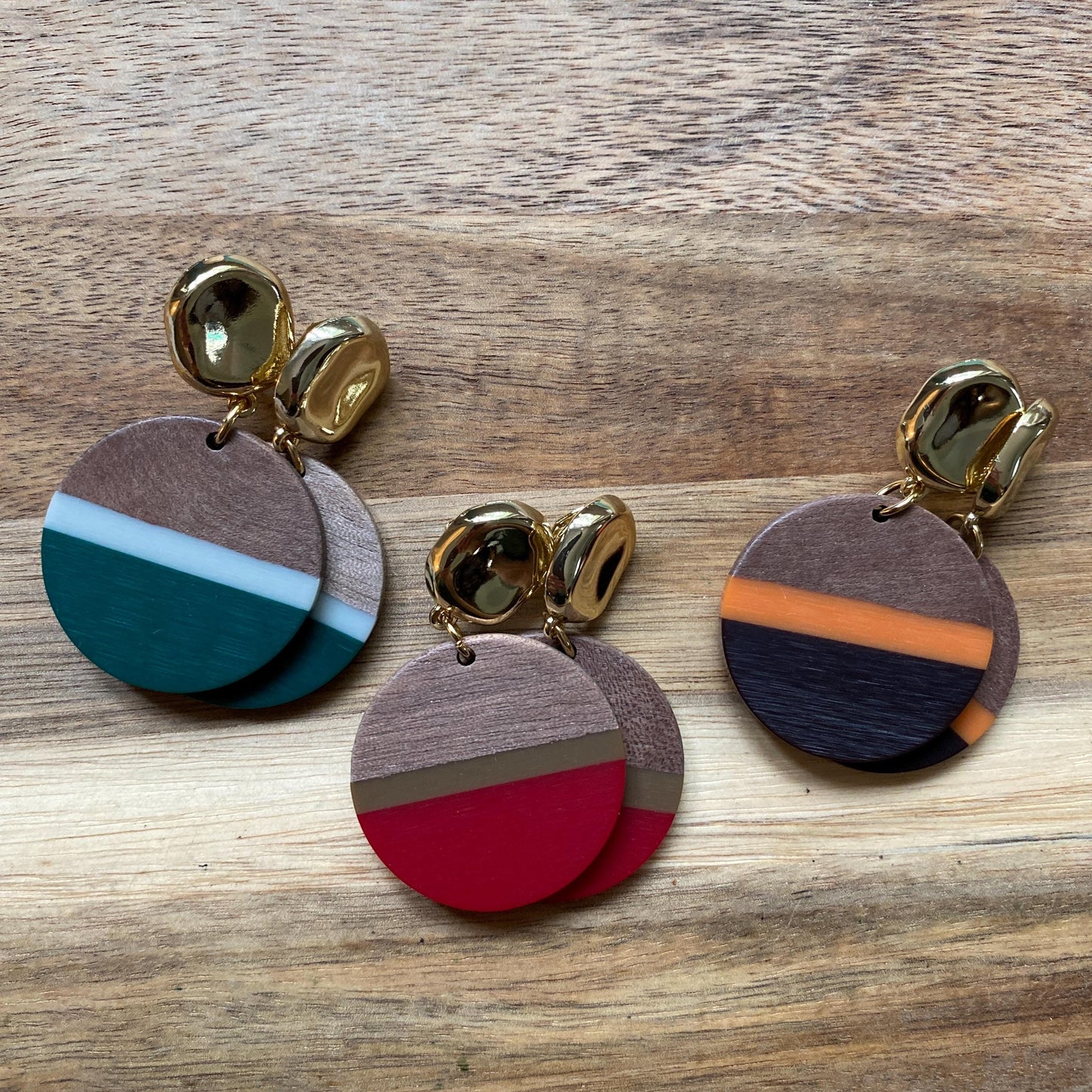 Dangling clip on wood and resin earrings, large multicoloured wood and resin pendants