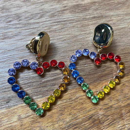 Rainbow clip on rhinestone heart earrings, dangling  hoops