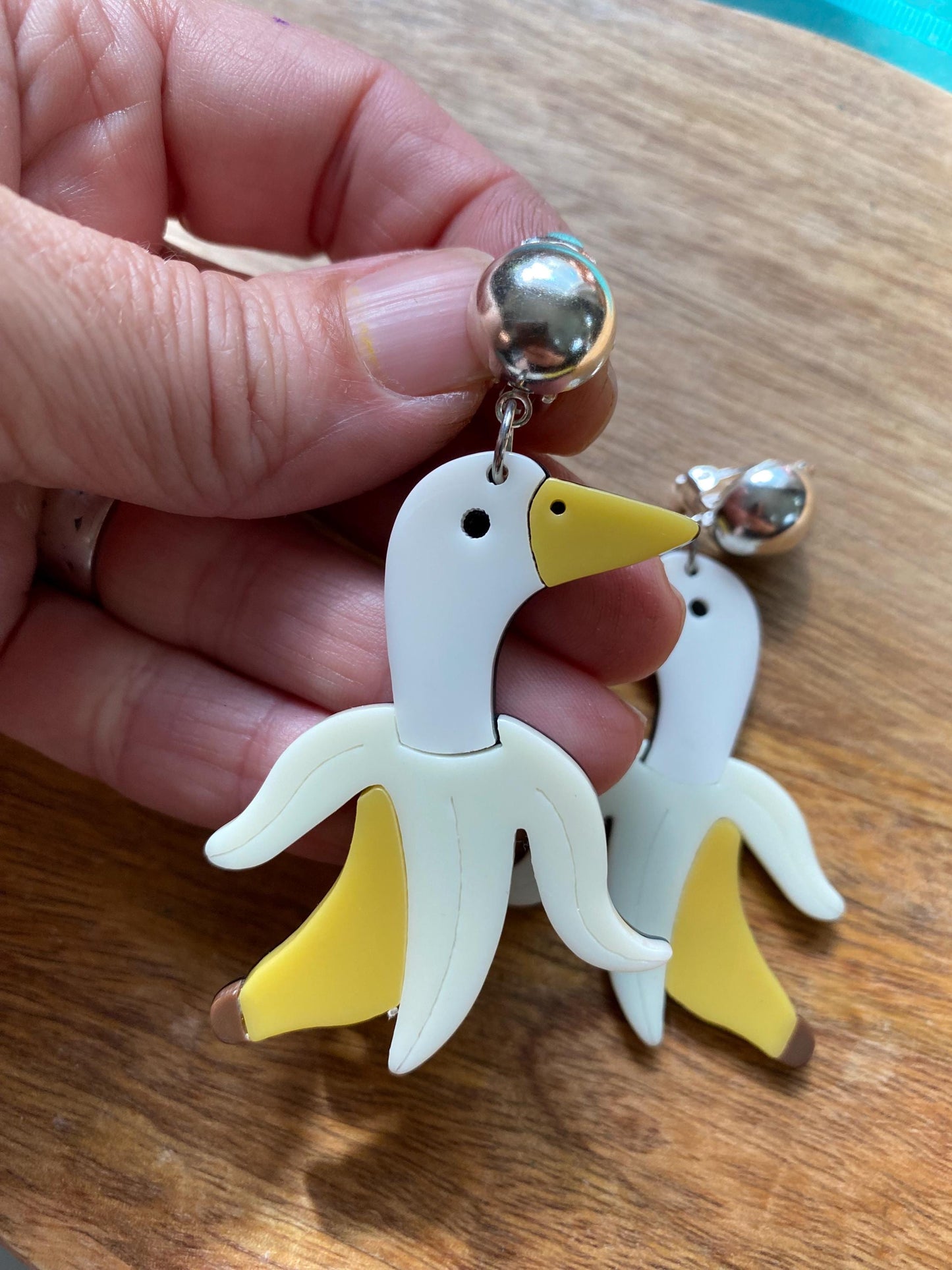 Plastic dangling banana/ bird clip on earrings,  no pierce duck/banana earrings, funny clip on earrings