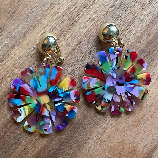 Dangling clip on rainbow daisy earrings