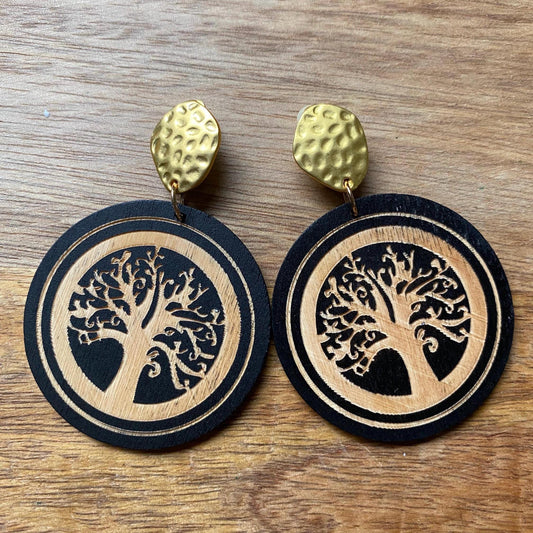 Dangling wooden tree of life clip on earrings