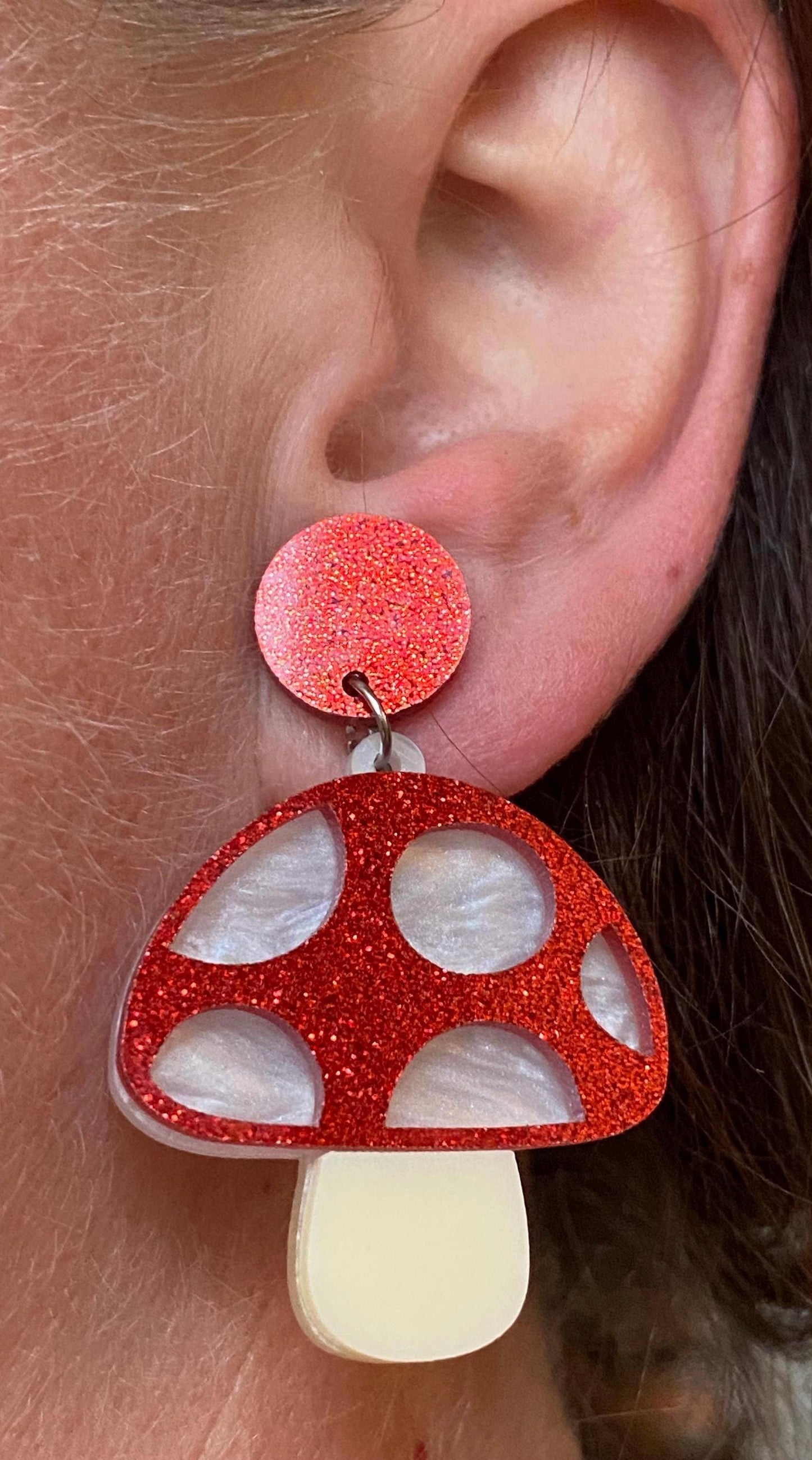 Giant Dangling red mushroom glitter clip on earrings