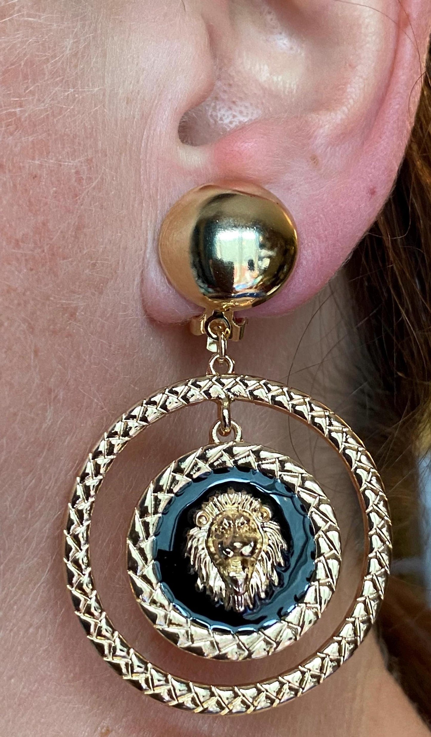 Large clip on gold hoop and lion earrings, dramatic clip on earrings